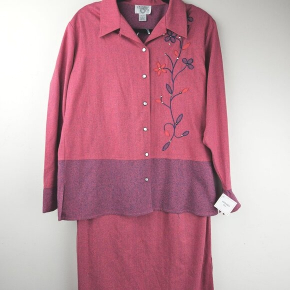 CERVELLE Silk Pink Suit Set Womens Large Shirt and Skirt Vintage Embroidered